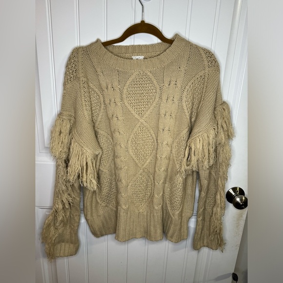 Sadie & Sage Anthropologie Tan Cable Knit Sweater with Fringe - Picture 2 of 5